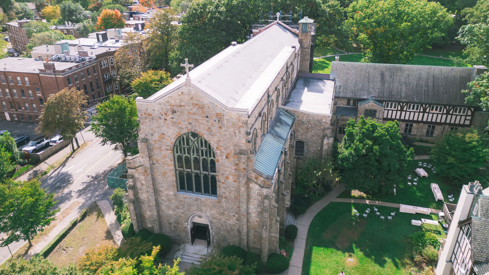 Aerial view of All Saints Parish in Brookline showing the restored roof