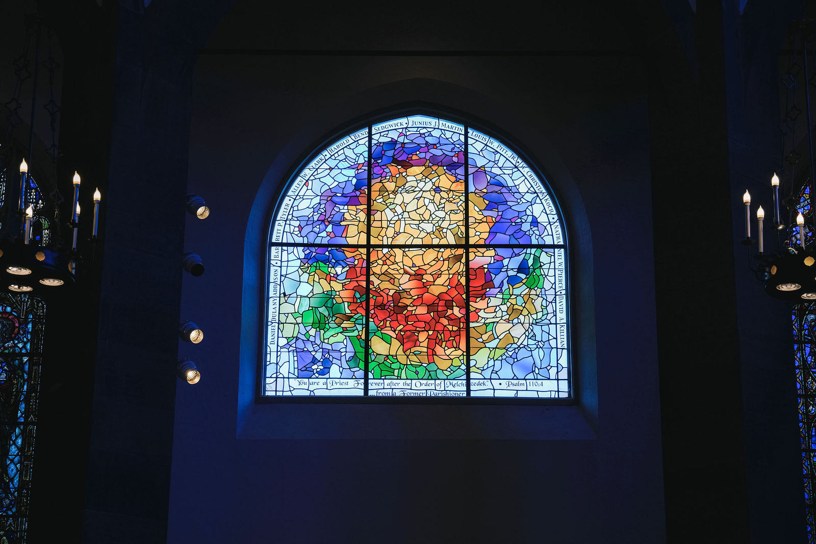 Connick stained glass window inside All Saints Parish in Brookline