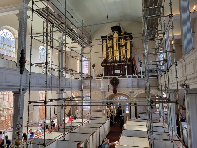 Old North Church angel restoration project scaffolding