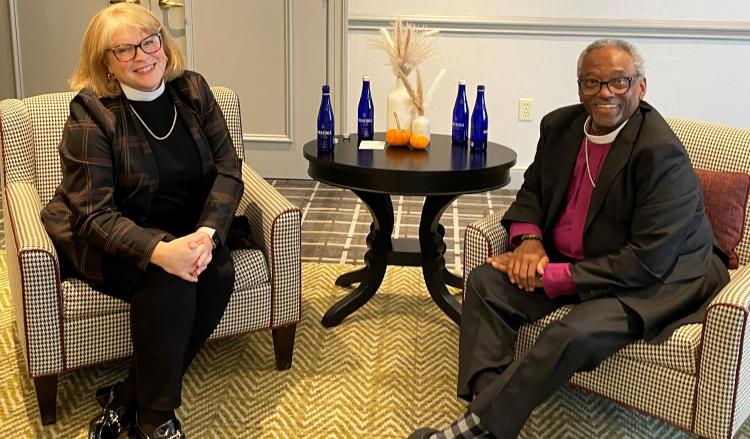 Bishop-elect Julia Whitworth and Presiding Bishop Michael Curry sit for an interview